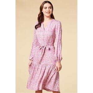 NWT Versona Paisley Popover Midi Dress L Lilac Long Sleeve Belted Boho Flowy